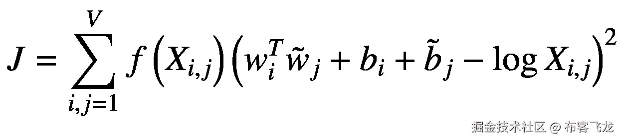 J=\sum \limits_{i,j=1}^Vf\left({X}_{i,j}\right){\left({w}_i^T{\tilde{w}}_j+{b}_i+{\tilde{b}}_j-\log {X}_{i,j}\right)}²