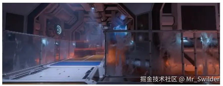 图14.38：图像底部的透明玻璃具有基于粗糙度的背景散射。玻璃后面的元素看起来或多或少会有些模糊，这对折射光线的扩散现象进行了 模拟 。