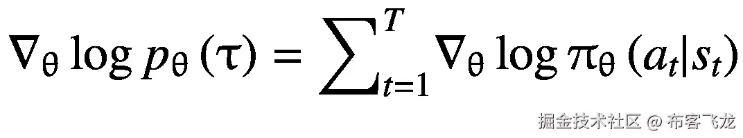 {\nabla}_{\uptheta}\log {p}_{\uptheta}\left(\uptau \right)={\sum}_{t=1}^T{\nabla}_{\uptheta}\log {\uppi}_{\uptheta}\left({a}_t|{s}_t\right)