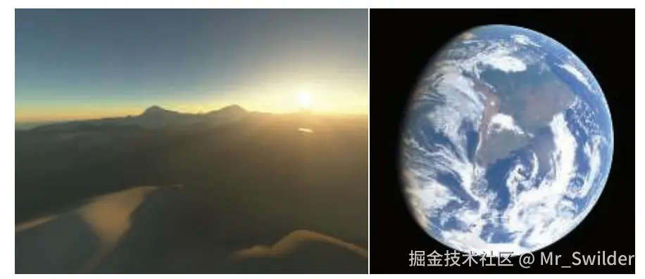 图14.23：使用查找表方法，分别从地面（左）和太空（右）来实时渲染地球大气。 [203]