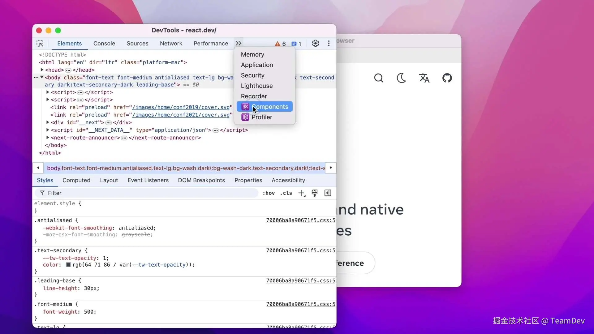 JxBrowser 中带有 React 扩展的 DevTools。
