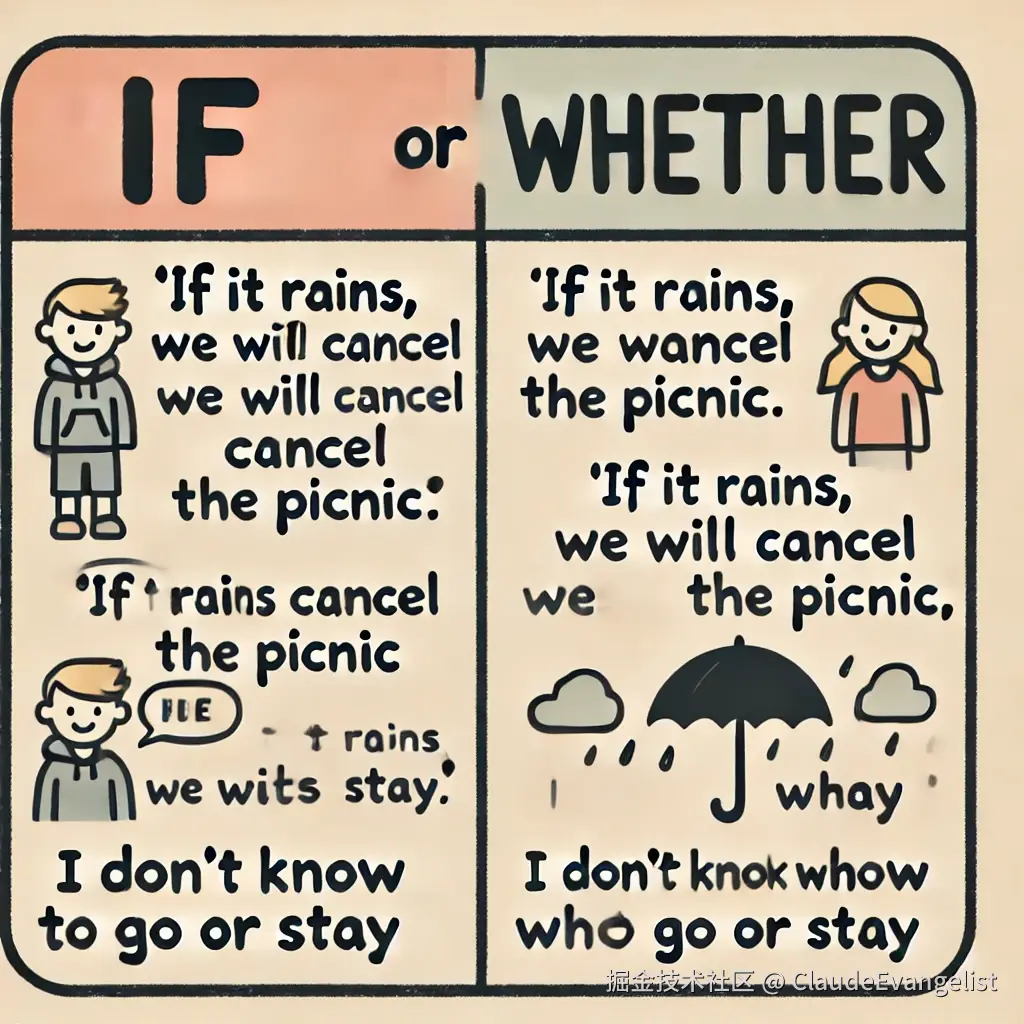 DALL·E 2024-08-24 18.07.41 - A simple educational illustration explaining the difference between 'if' and 'whether' in English grammar. The illustration should show two sections_ .webp