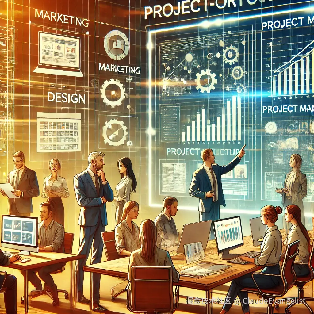 DALL·E 2024-12-04 20.51.55 - An illustration of a project-oriented organizational structure in a corporate environment. The scene depicts a collaborative workspace with a diverse .webp