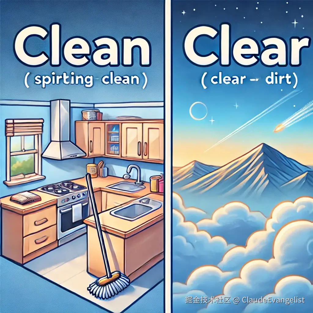 DALL·E 2024-12-06 23.04.13 - A split illustration visually contrasting the meanings of 'clean' and 'clear'_ On the left side, a sparkling clean kitchen with polished counters, a m.webp