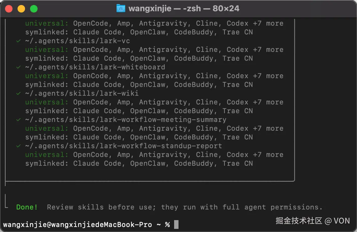 Skills 安装成功，终端显示安装进度和完成提示
