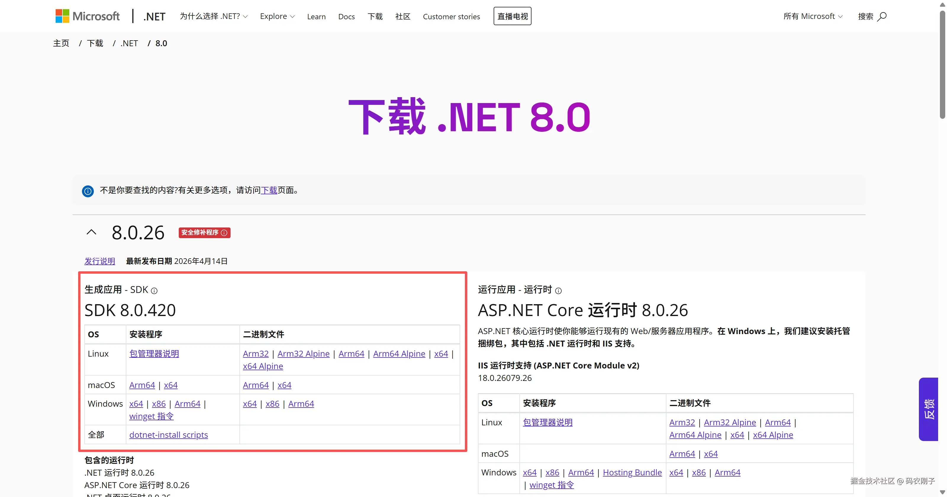 .NET 8 SDK官方下载页面截图，红框标示SDK下载项