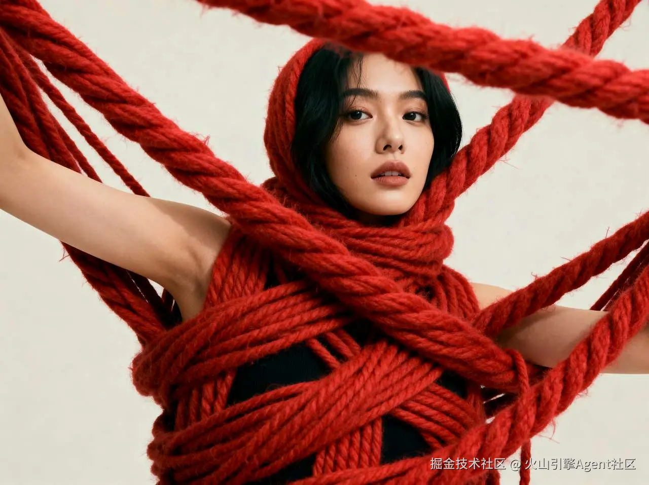 模特缠绕巨大红毛线模仿翻花绳，毛线与人物空间位置更合理