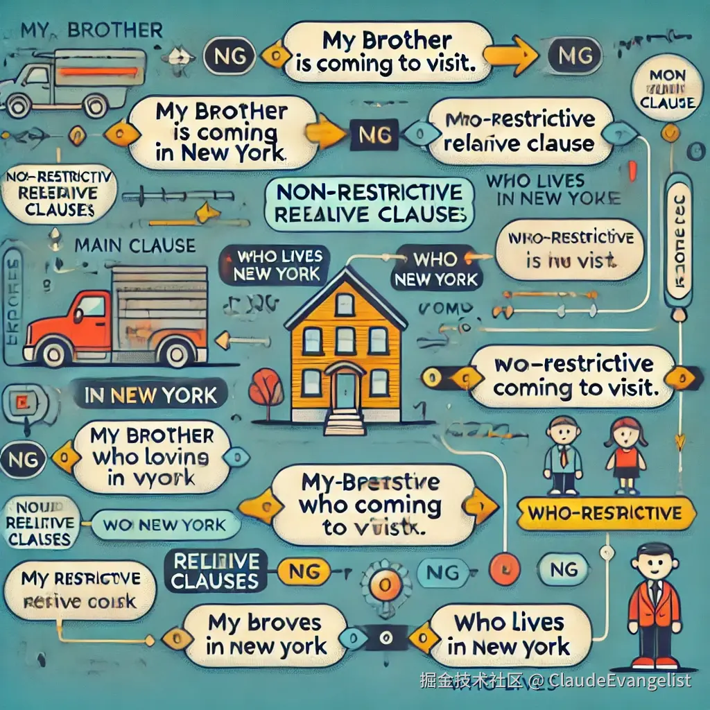 DALL·E 2024-08-05 23.42.17 - A detailed illustration showing the concept of non-restrictive relative clauses in English grammar. The image should depict a sentence with the main c.webp