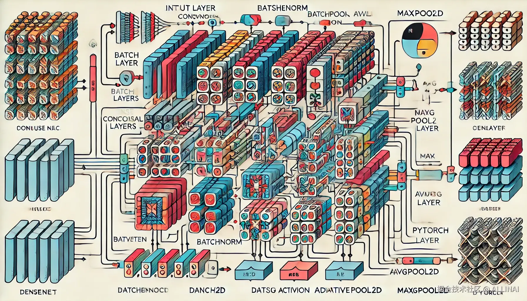 DALL·E 2025-01-26 15.49.20 - A detailed digital illustration of the DenseNet architecture based on a PyTorch model. The central subject is a flowchart representing the network's s.webp