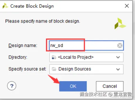 Block Design 并命名为“rw_sd”