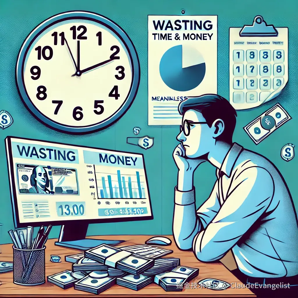 DALL·E 2024-11-30 10.51.13 - An illustration showing a person looking frustrated and staring at a clock and a pile of money, symbolizing the concept of wasting time and money. In .webp