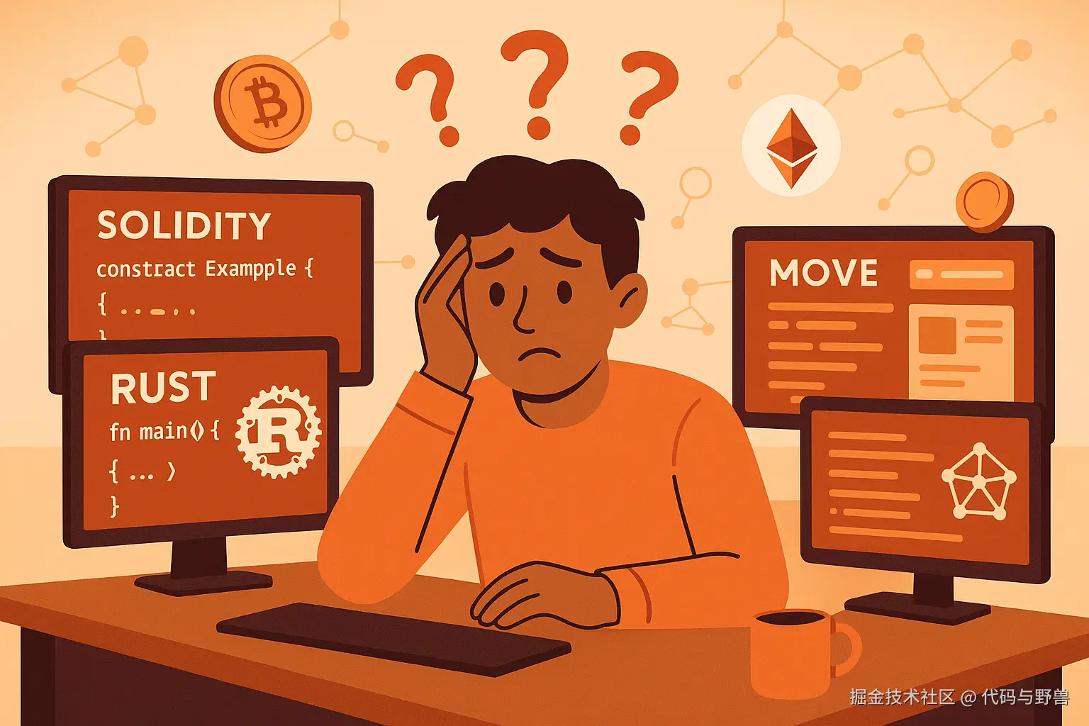 A_modern_flat_design_illustration_of_a_confused_developer_sitting_at_a_desk_surrounded_by_multiple_computer_screens_showing_different_programming_languages_Solidity_Rust_Move_and_blockchain_logos_The_developer_looks_overwhelmed_with_floatin.png