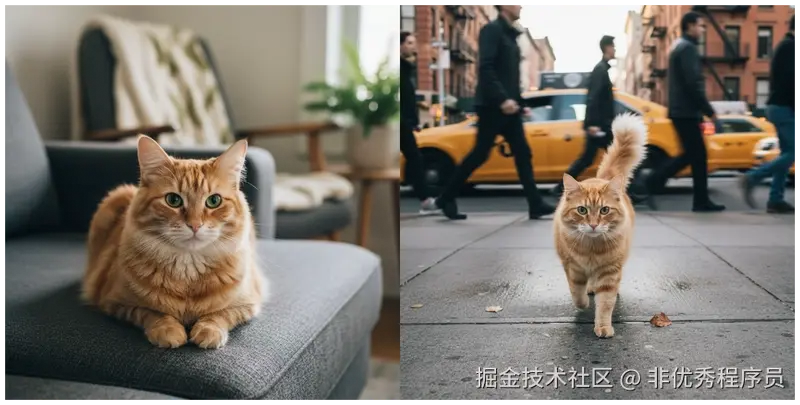 并排比较原始猫图像和编辑后的纽约市猫行走图像