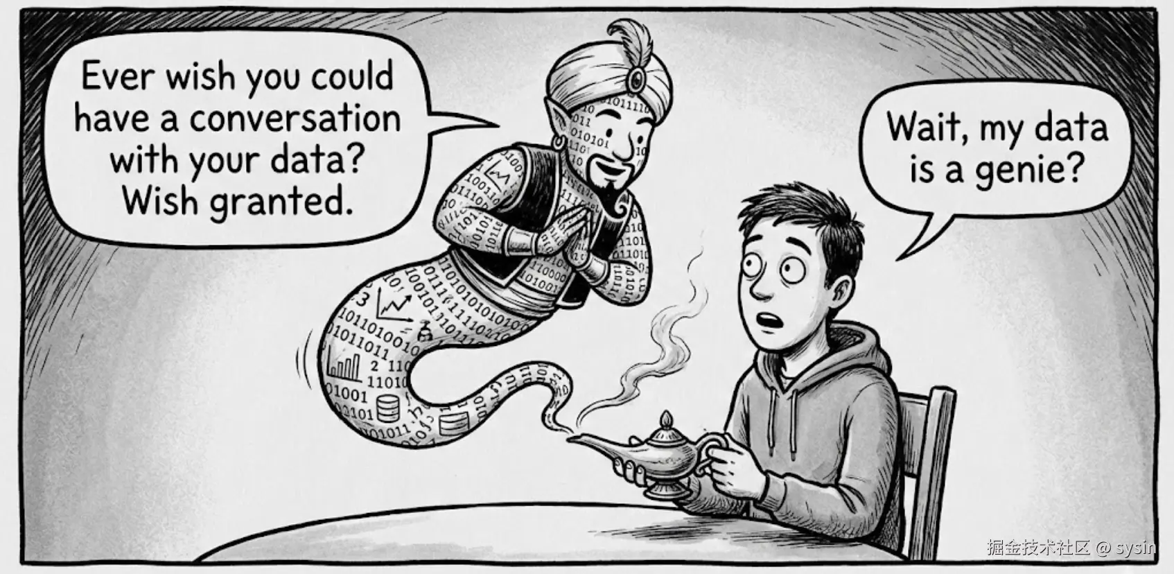 Cartoon with genie asking: Ever wish you could have a conversation with your data? Wish granted.