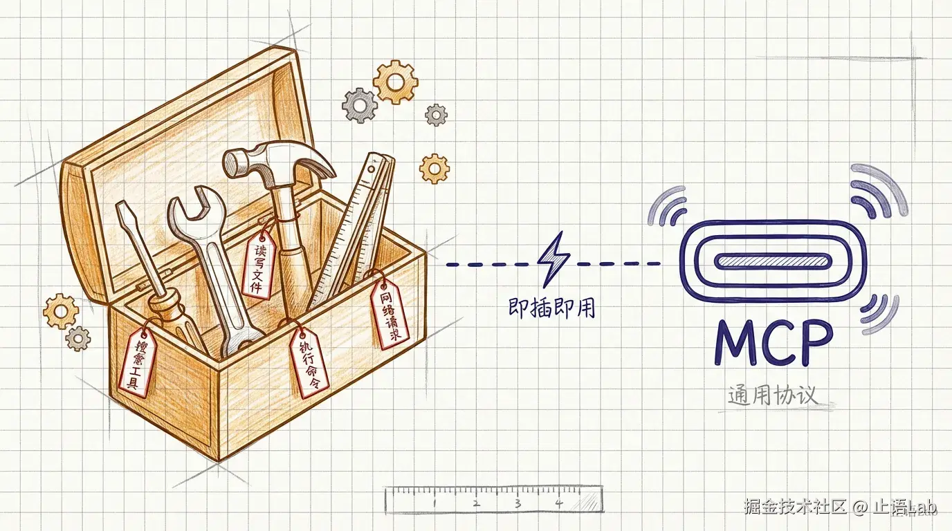 标准化工具箱（Skills）+ USB-C 接口（MCP），虚线连接两者