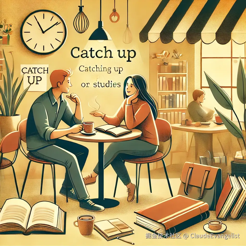 DALL·E 2024-12-08 19.33.05 - An engaging illustration of two friends catching up over coffee at a cozy café, surrounded by books and papers to represent catching up on work or stu.webp