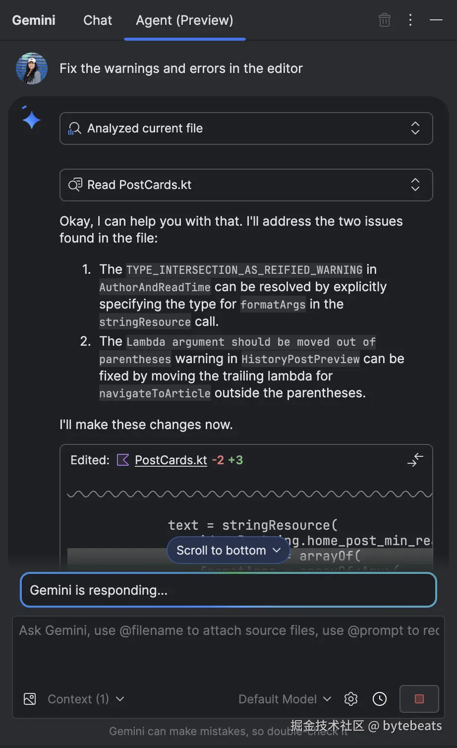screen grab of Gemini's Agent Mode in Android Studio