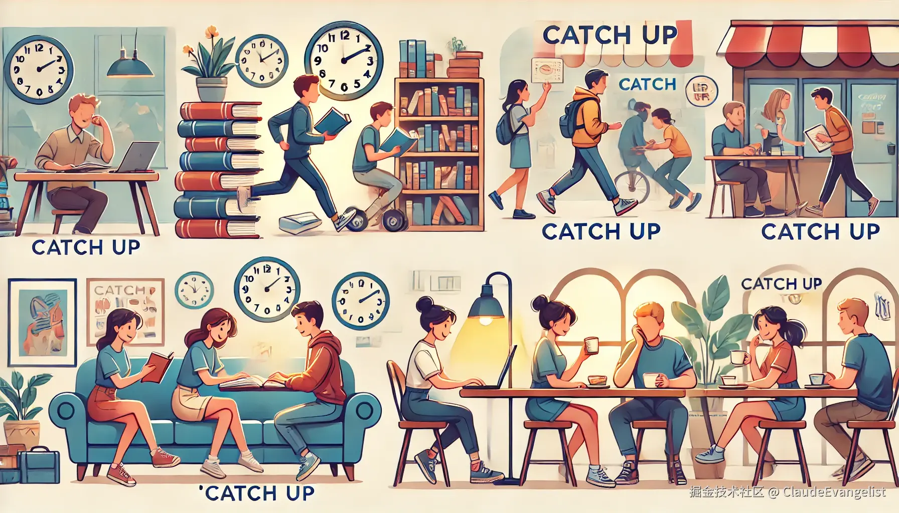 DALL·E 2024-10-29 22.00.38 - An illustration depicting various scenarios of 'catch up' in English_ a student working hard to catch up on studies with books around, a person runnin.webp