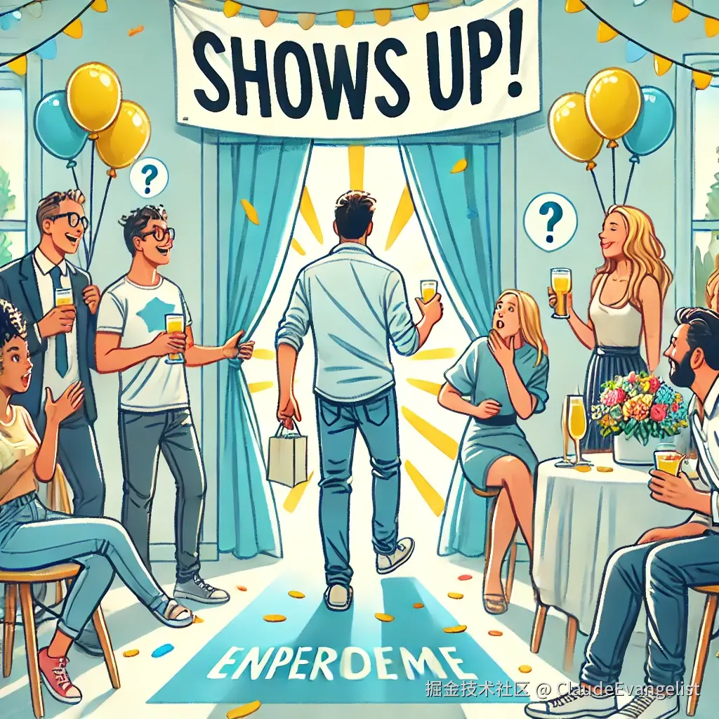 DALL·E 2024-10-30 21.48.52 - An illustration of a person arriving unexpectedly at a party, where other people are surprised and looking towards the entrance. The setting is a casu.webp