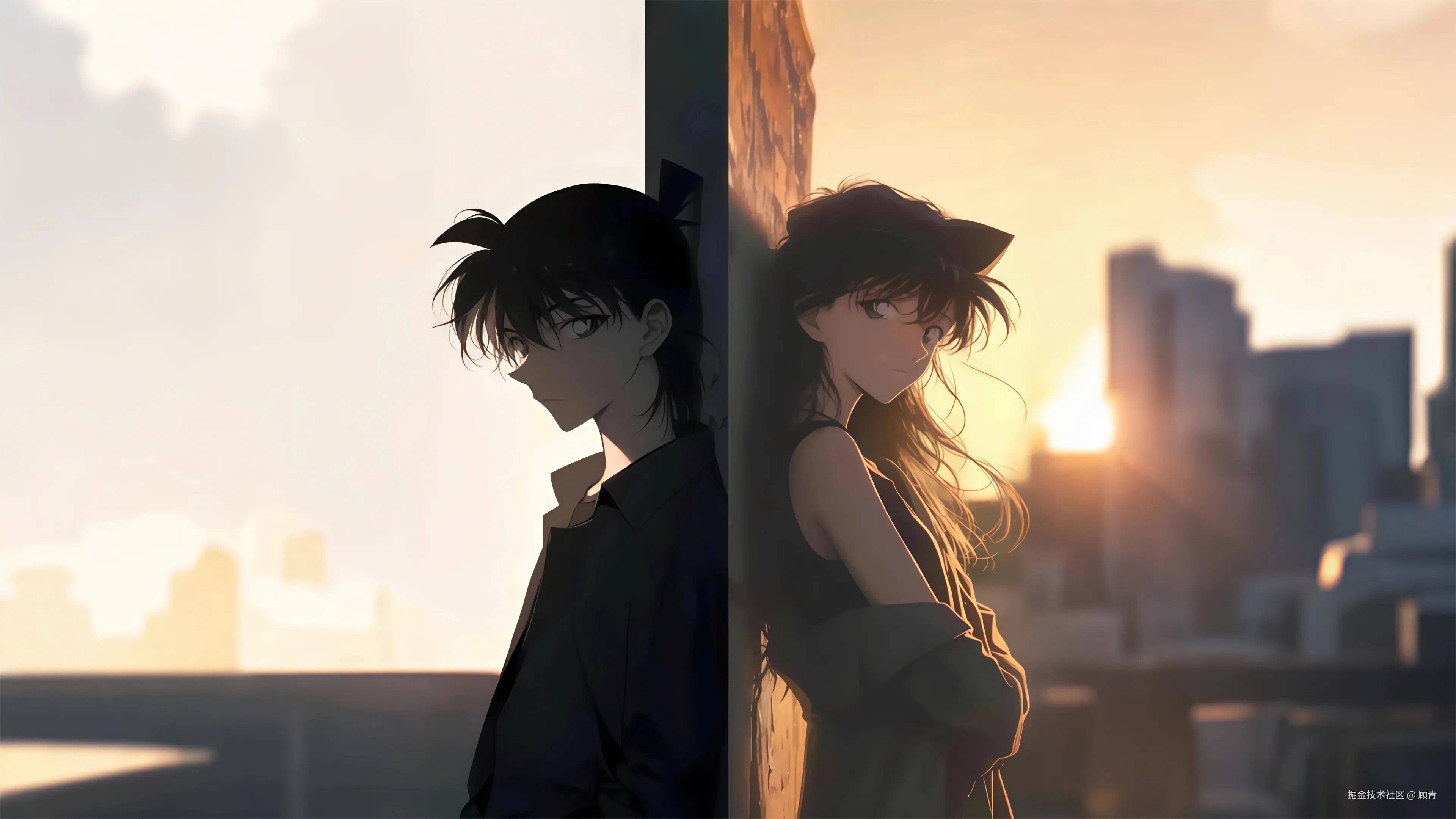 柯南和小兰背靠背 夕阳 日落 4K动漫壁纸 3840x2160_彼岸图网.jpg
