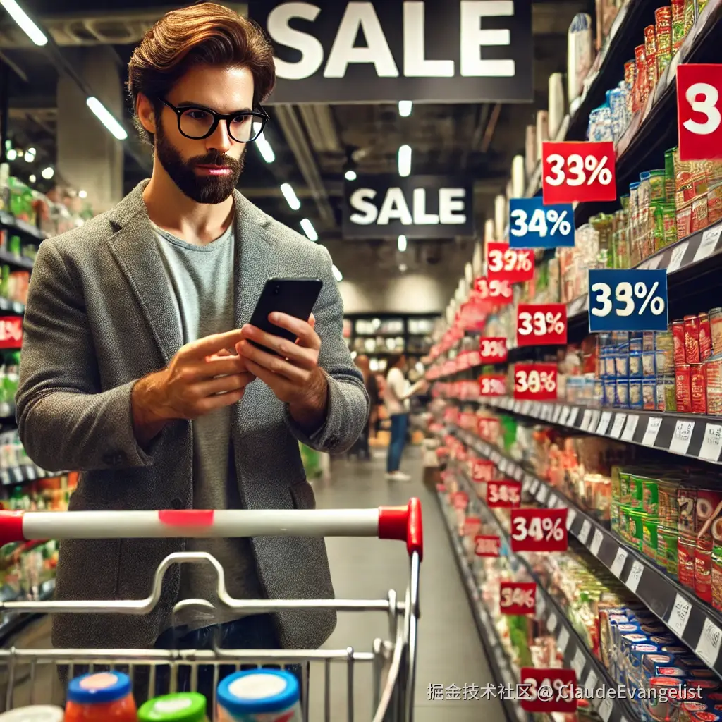 DALL·E 2024-12-15 09.40.27 - A smart shopper in a store looking at discounted items, holding a shopping cart filled with products on sale. The store shelves are filled with colorf.webp