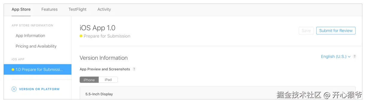 App Store Connect 截屏，其中显示了版本信息和“提交以供审核”按钮。