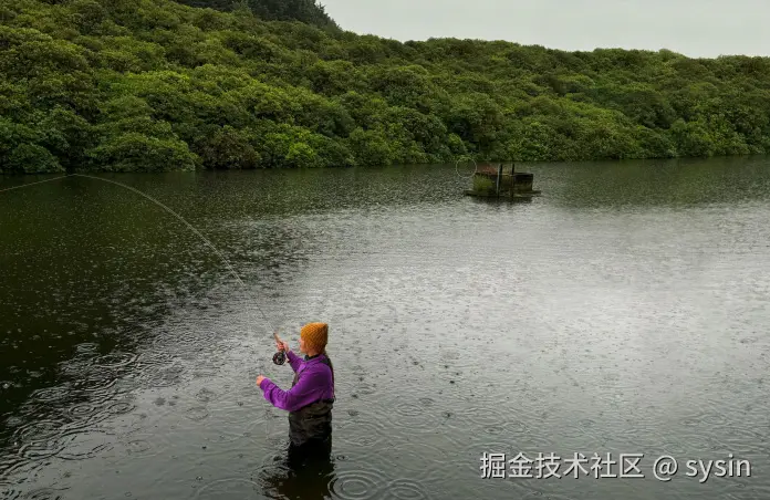 一名女子在水中飞蝇钓的照片，Pixelmator Pro 的工具去除了照片中的干扰物。