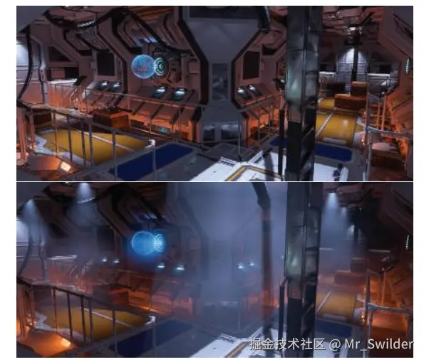 图14.20：上面的场景没有体积光和体积阴影，下面的场景有体积光和体积阴影。场景中的每一个光源都与参与介质进行了相互作用。每个光源的radiance、IES配置（IES描述文件，一种描述光源的光照分布的文件格式）和阴影贴图都会用于累积其散射光线的贡献 [742] 。