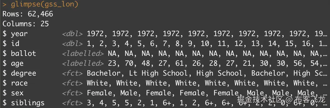 图 11.1 – 展示运行 glimpse() 函数的结果的前几行