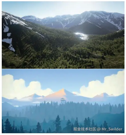 图5.1：第一行是使用虚幻引擎渲染的写实风景场景。第二行来自Campo Santo的游戏《看火人（ Firewatch ）》，它采用了一种插画式（illustrative art）的艺术风格。