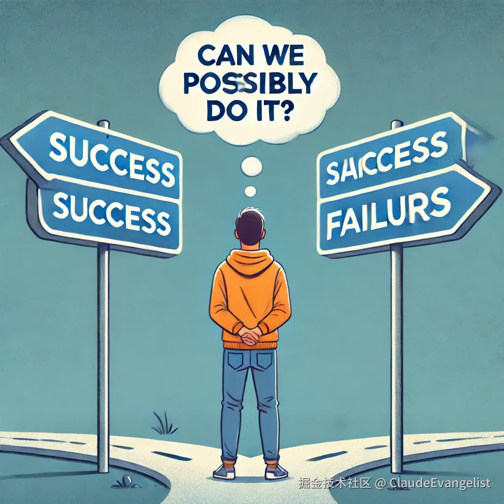 DALL·E 2024-09-28 22.32.08 - A person standing at a crossroads, with two signs pointing in different directions, one labeled 'Success' and the other 'Failure'. The person looks he.webp