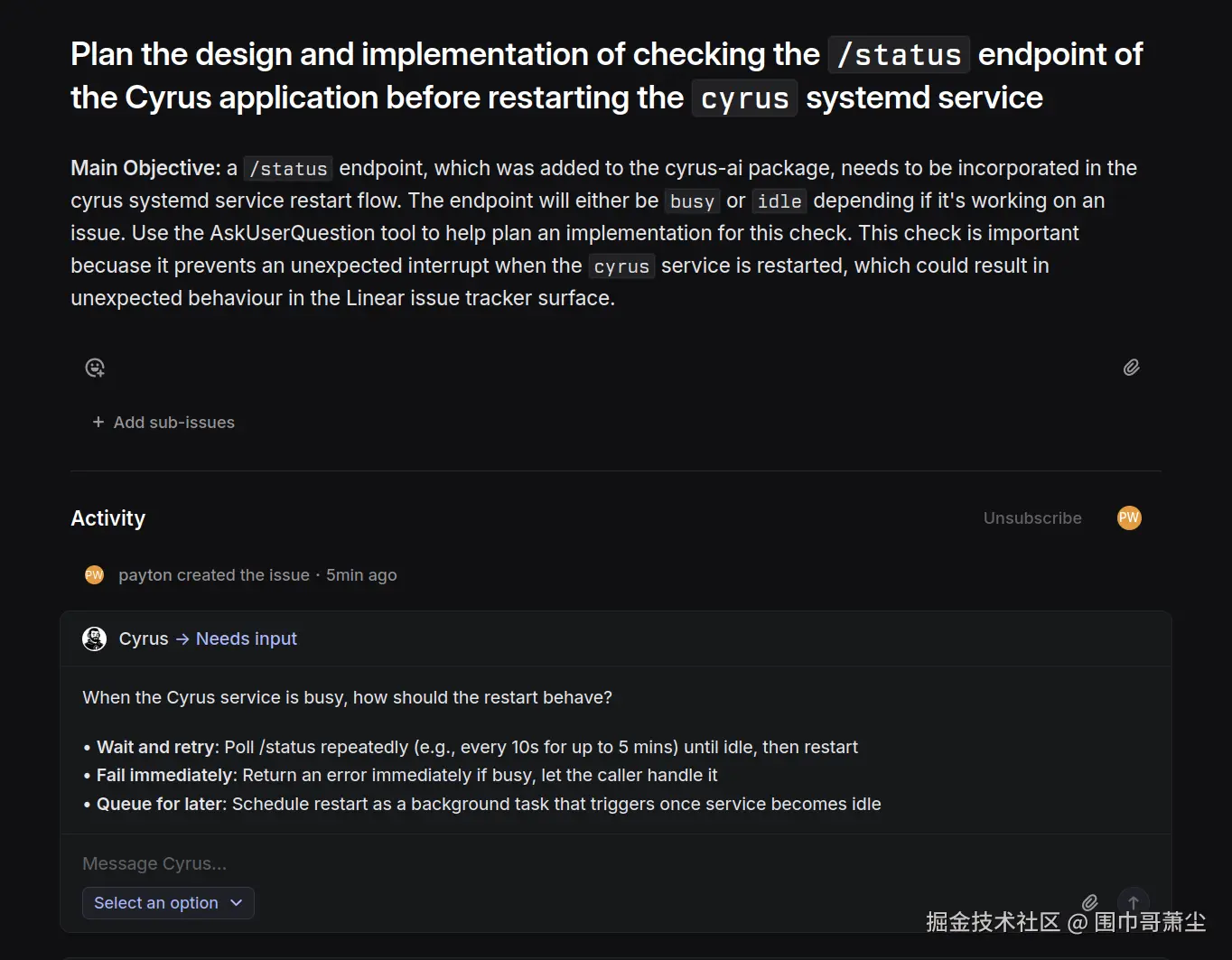 Linear issue showing Cyrus asking a question with multiple choice options