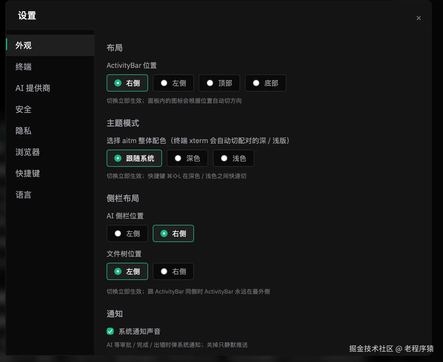 设置页：外观 / 主题 / 布局选项