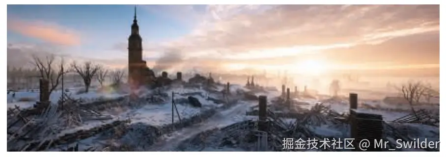 图14.12：在游戏《战地1》（DICE的一款游戏）的关卡图像中，使用雾来展示游戏区域的复杂性。深度雾用于展示大尺度的自然风景。在右侧地面上还可以看到高度雾，展示了从山谷中升起的大量建筑。