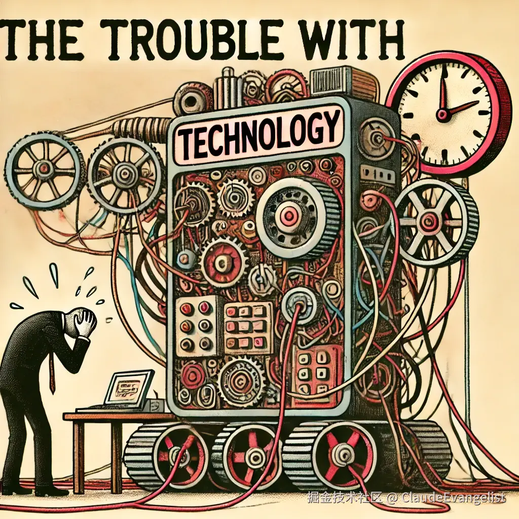 DALL·E 2024-11-12 23.38.16 - A conceptual illustration showing a person struggling with a big, complicated machine labeled 'Technology'. The machine has several confusing wires an.webp
