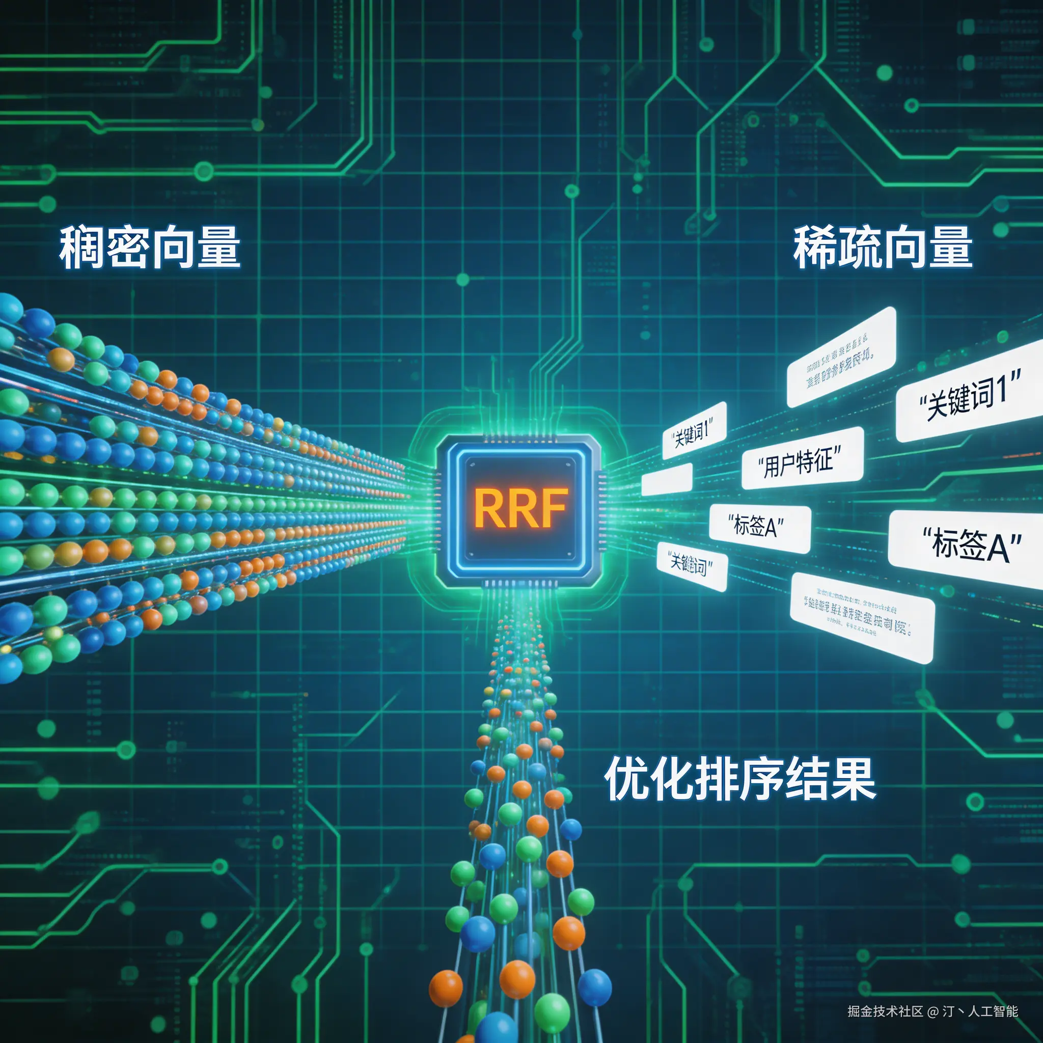 Milvus混合搜索原理示意图：稠密与稀疏向量RRF融合。