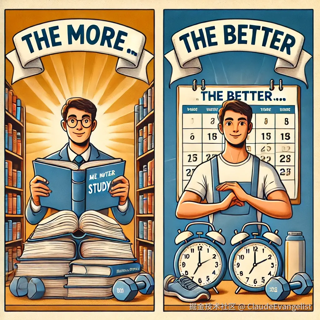 DALL·E 2024-11-04 20.31.39 - An illustration of two contrasting scenarios showing the 'The more ... the better ...' English phrase in action. On the left side, a person studying w.webp