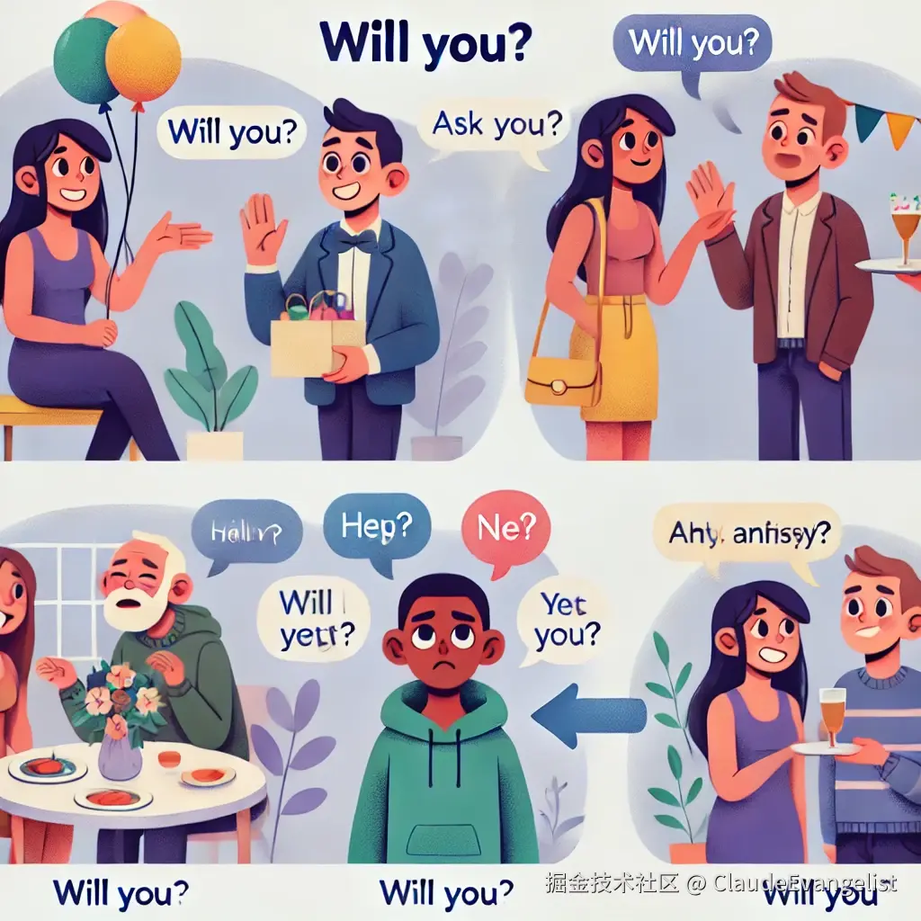 DALL·E 2024-10-06 19.35.01 - An illustration showing different uses of the phrase 'Will you' in a conversation. One part shows a friendly person asking for help, another shows an .webp