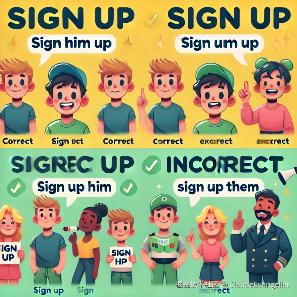 DALL·E 2024-07-28 10.21.27 - A clear and educational illustration showing the correct and incorrect usage of the phrasal verb 'sign up' with pronouns. The illustration should have.webp