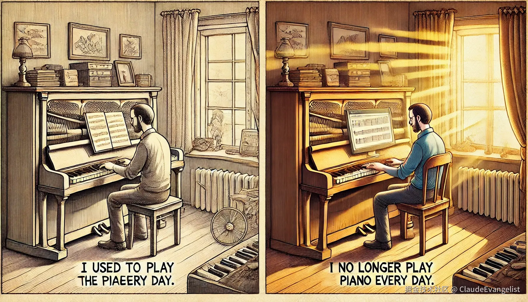 DALL·E 2024-07-31 00.04.56 - A detailed illustration depicting two scenes side by side. On the left side, a man is playing the piano every day in a cozy room with sunlight streami.webp