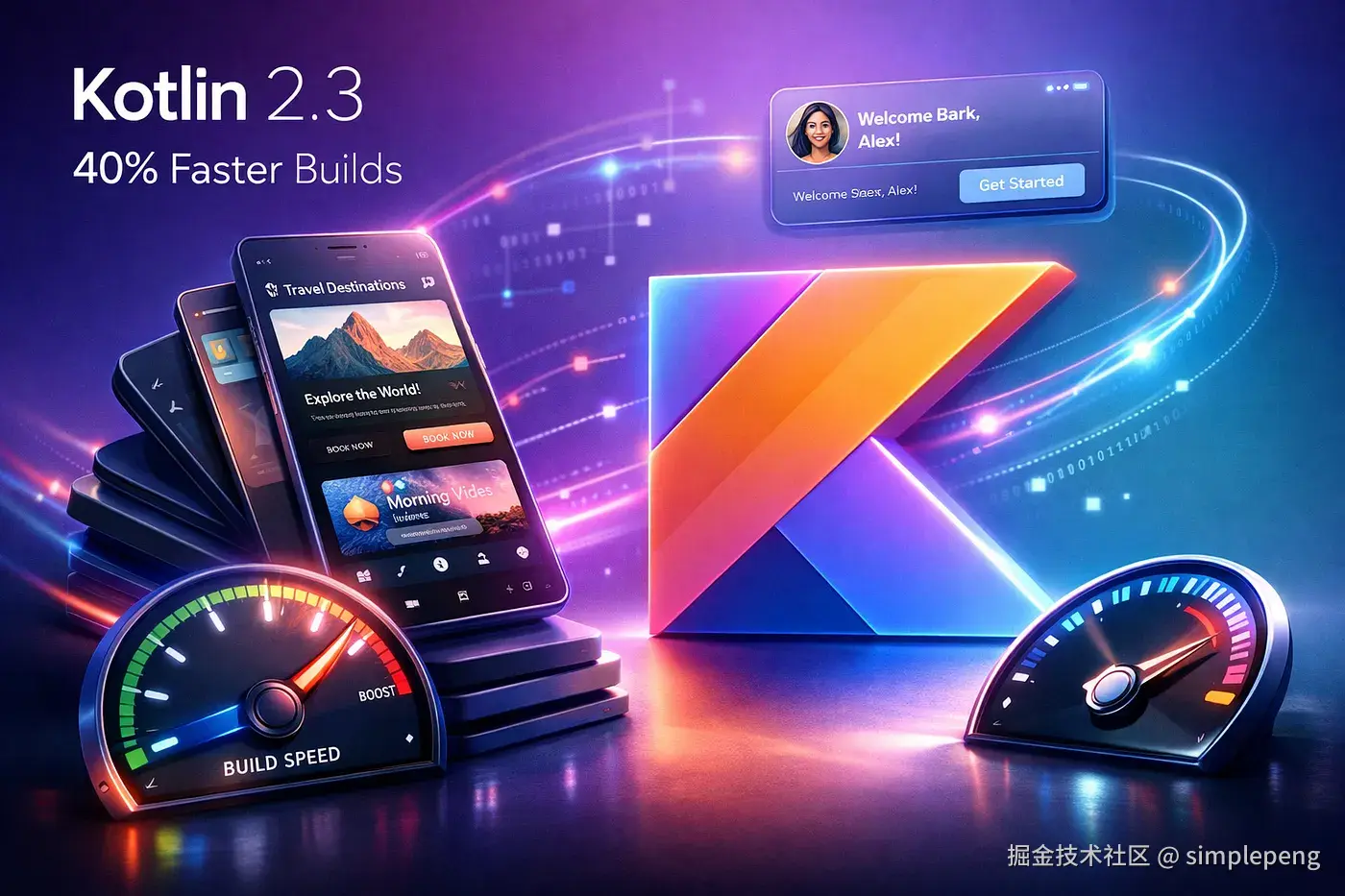 从紫到青的现代渐变背景，突出 Kotlin 标志，搭配 Jetpack Compose UI 元素、Android 设备与发光编译流线，体现 Kotlin 2.3 编译器速度提升。