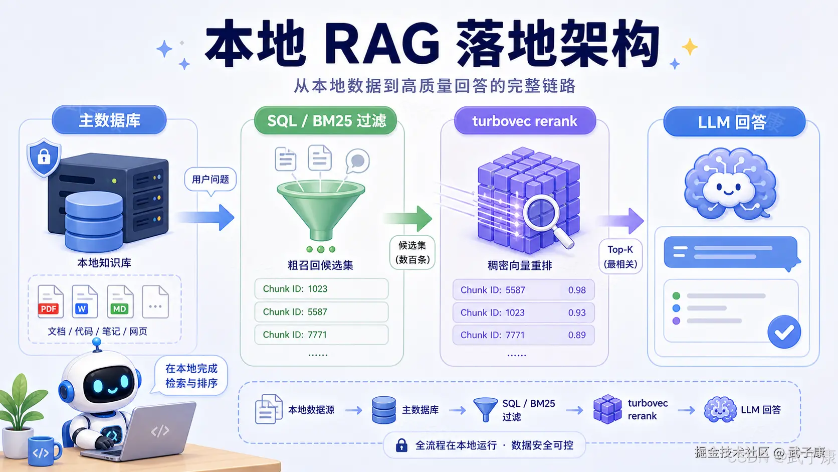 本地 RAG 架构图：左侧主数据库（PDF/Word/Markdown/代码/网页）→ 用户问题触发 SQL/BM25 粗召回得到候选 chunk 集合 → 中间 turbovec rerank 用 dense vector 打分（示例 0.98/0.93）输出 Top-K → 右侧 LLM 结合 Top-K 上下文生成自然语言答案；底部强调"全程本地运行，数据安全可控"。