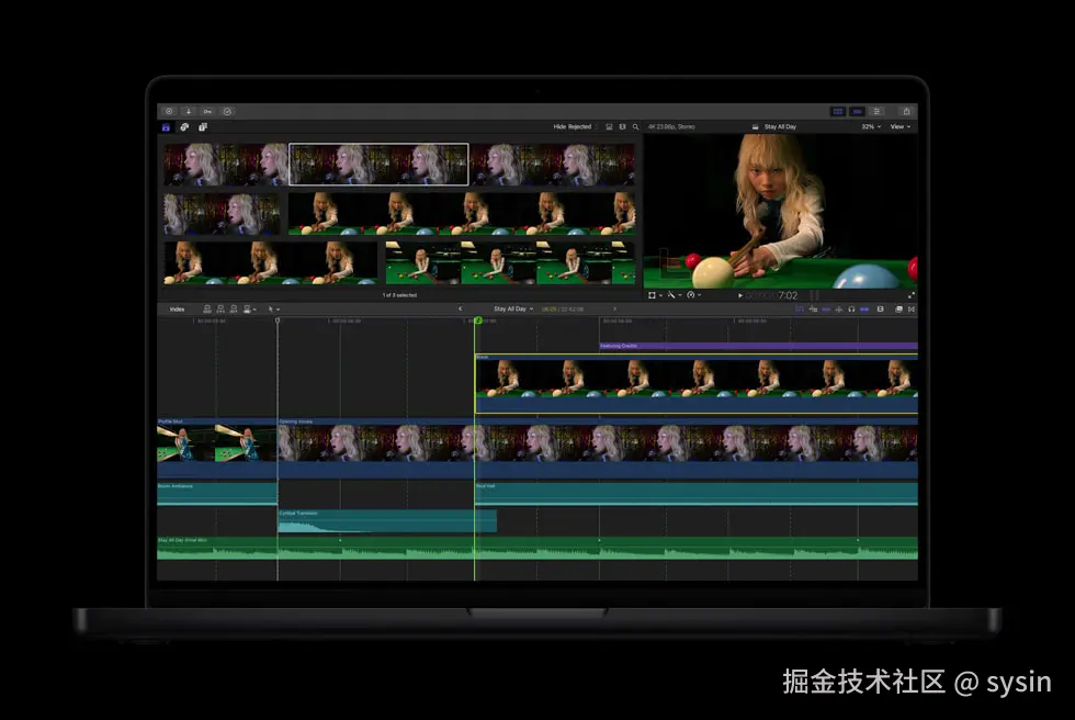 一台深空黑色 MacBook Pro 上显示着 Final Cut Pro 的节拍检测功能。