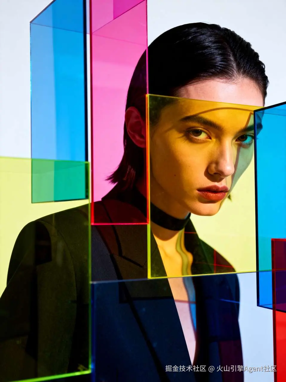 prompt：模特掩映于鲜艳半透明几何体中，光影交错，抽象艺术装置风。