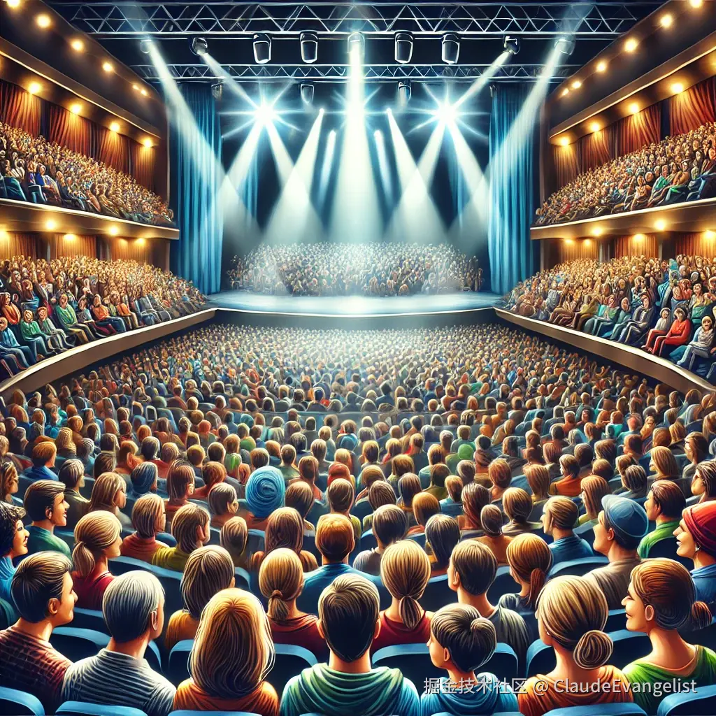 DALL·E 2024-12-07 15.50.36 - An illustration of a packed theater with all seats filled with people, showing a vibrant and lively atmosphere. The audience is diverse, with differen.webp