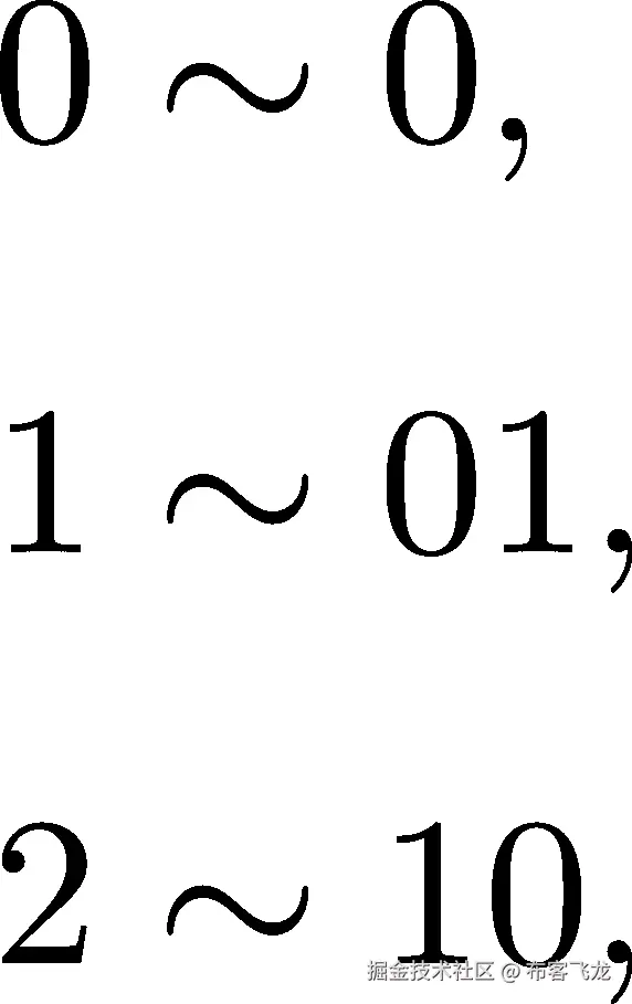 0 ∼ 0, 1 ∼ 01, 2 ∼ 10, 
