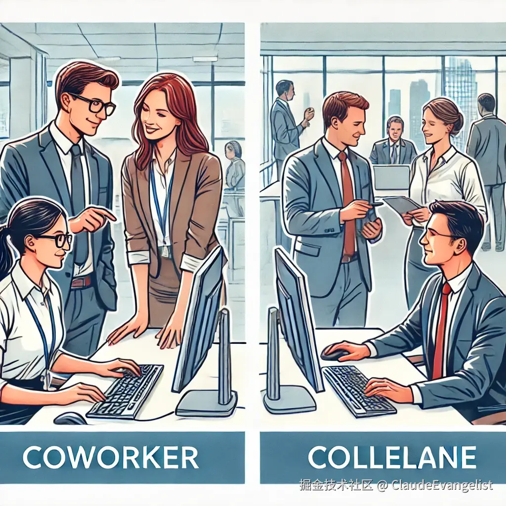 DALL·E 2024-08-30 21.50.17 - A professional illustration showing two office workers, one labeled 'Coworker' and the other labeled 'Colleague'. The 'Coworker' is shown collaboratin.webp