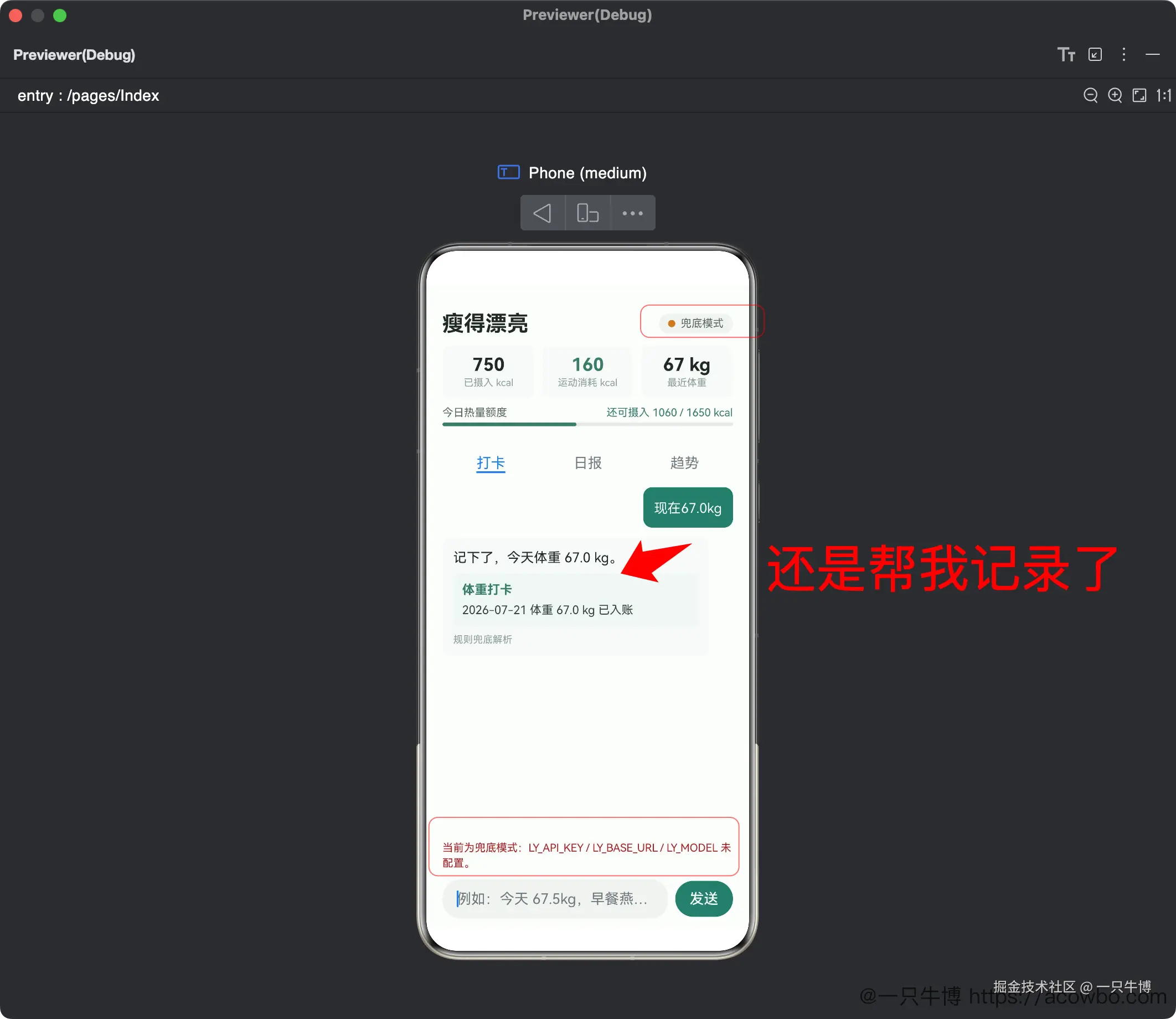 兜底模式下体重可记，餐食诚实拒绝