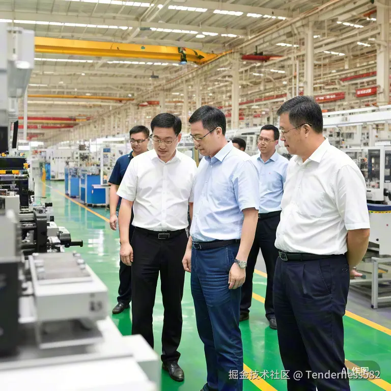 古斯歌科技团队在南阳某机械制造企业车间实地调研，成员们正与企业负责人交流产品技术细节，背景是现代化的生产线