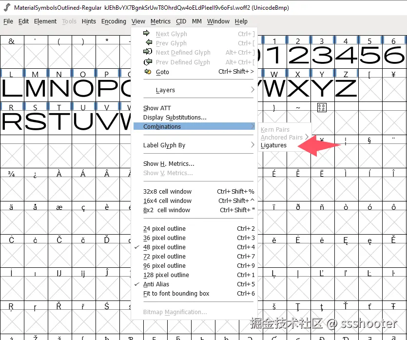 FontForge 查看连字的路径